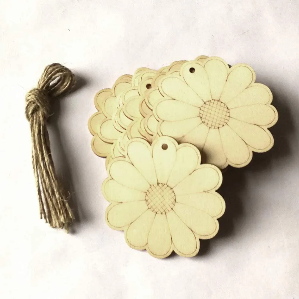 10Pcs Unfinished Wood Slices Flower Wood Cutouts with Twine Discs DIY Crafts Hanging