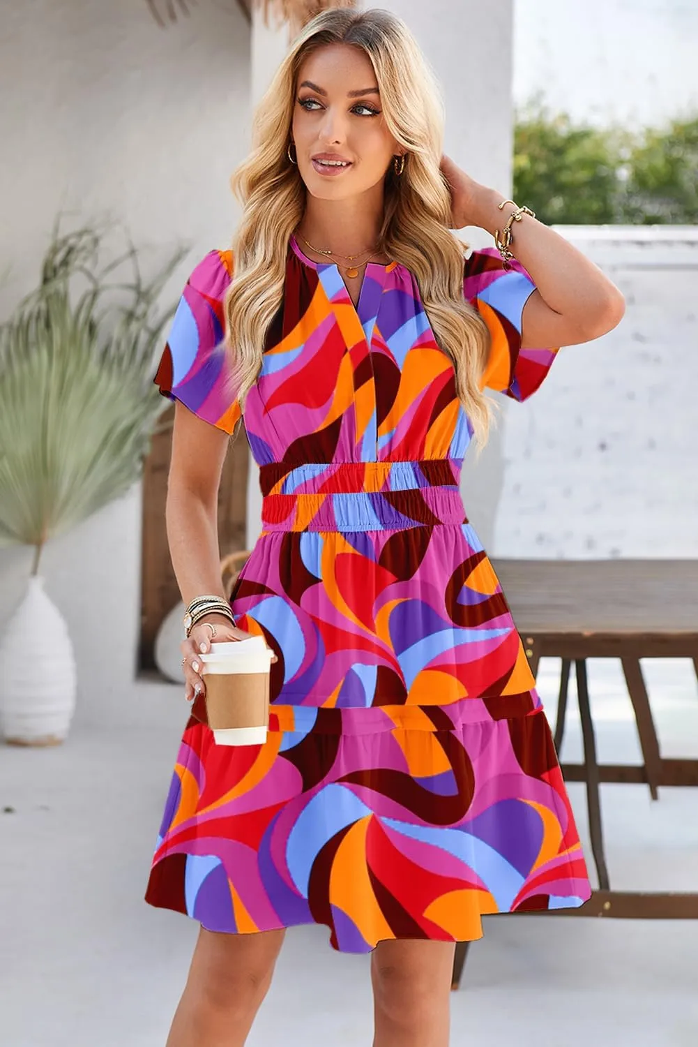 Duigluw Dresses for Women 2025 Casual Summer Short Sleeve V Neck Beach Mini A-Line Ruffle Flowy Dress