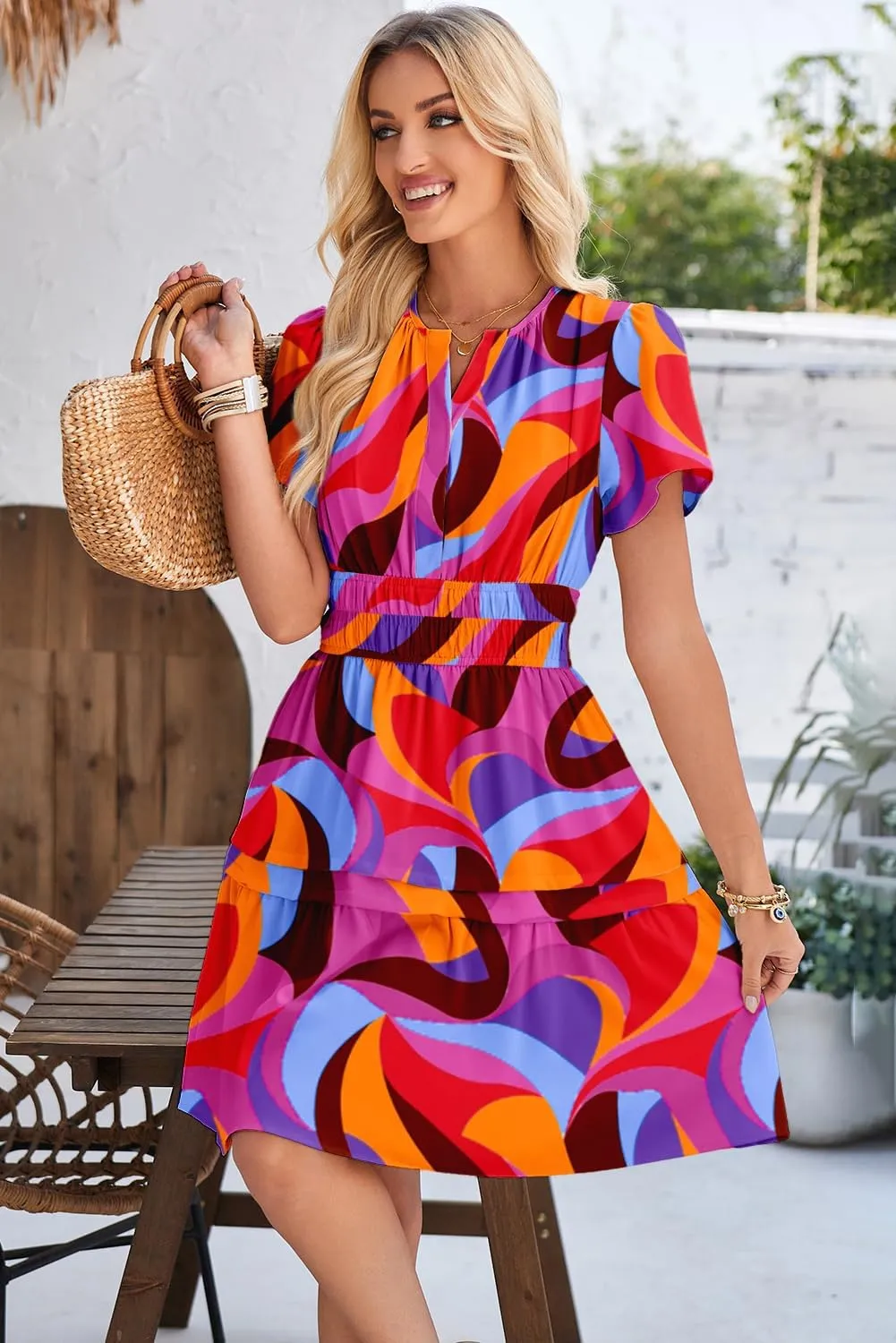 Duigluw Dresses for Women 2025 Casual Summer Short Sleeve V Neck Beach Mini A-Line Ruffle Flowy Dress