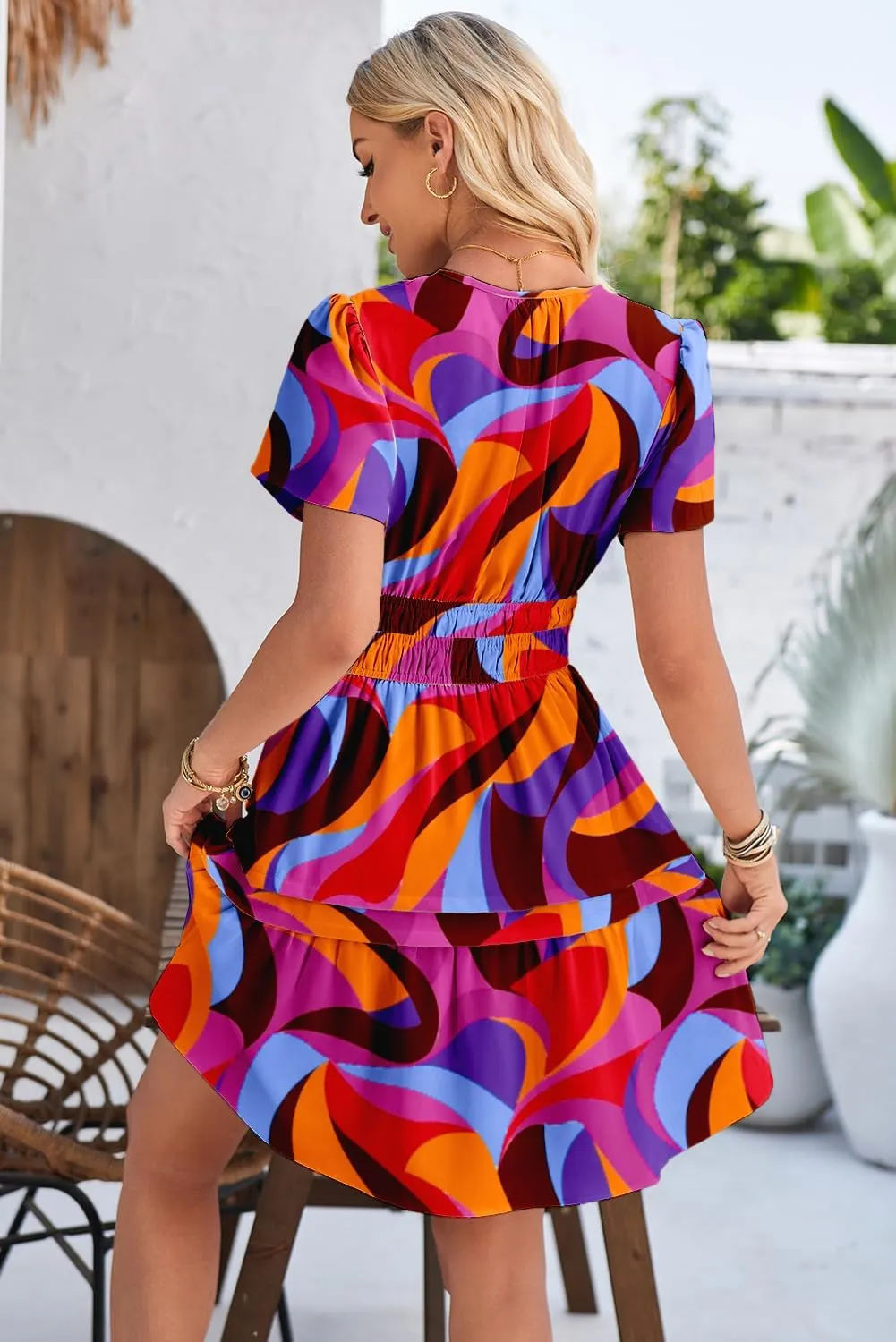 Duigluw Dresses for Women 2025 Casual Summer Short Sleeve V Neck Beach Mini A-Line Ruffle Flowy Dress