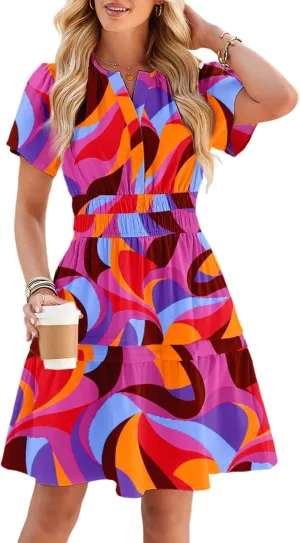 Duigluw Dresses for Women 2025 Casual Summer Short Sleeve V Neck Beach Mini A-Line Ruffle Flowy Dress