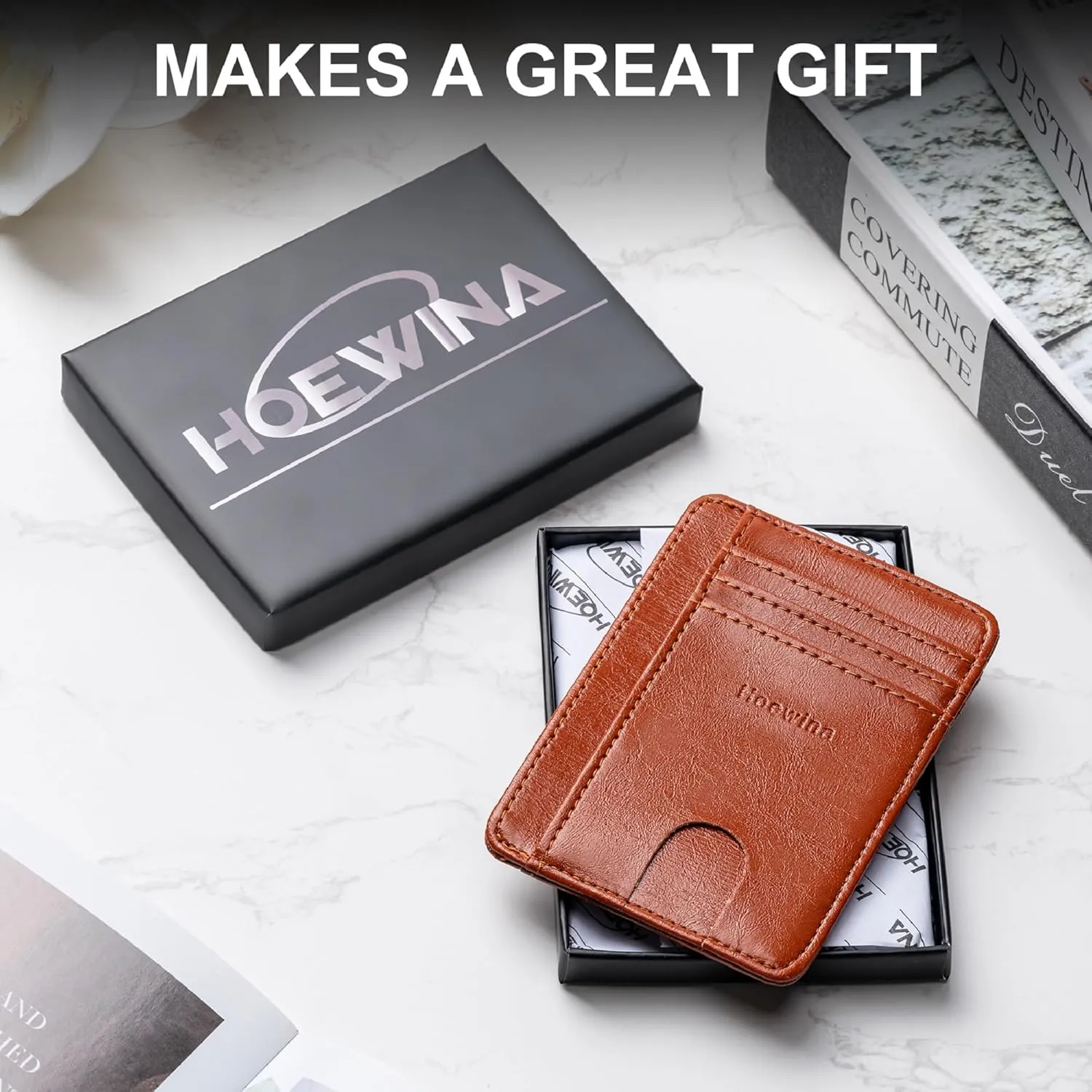Hoewina Slim Wallet for Men, Credit Card Holder Wallet, Minimalist Design - RFID Blocking Front Pocket Leather Thin Wallet for Men and Women(Brown)