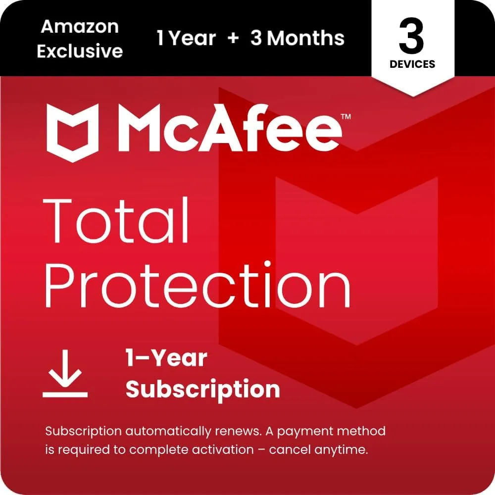 McAfee Total Protection 3-Device 2025 |15 Month Subscription with Auto-Renewal |Security Software Includes Antivirus, Secure VPN, Scam Protection, Identity Monitoring | Download