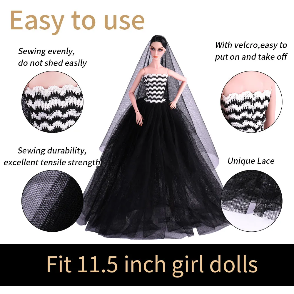 QUEBAN Bride Doll Wedding Dress with Veil Handmade Evening Party Fashion Clothes Wears Gown Exclusive Dress Outfit for 11.5 Inch Girl Dolls,Gift for Kids 3 to 8 Years Old - Black 1
