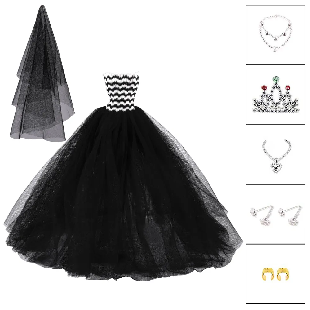 QUEBAN Bride Doll Wedding Dress with Veil Handmade Evening Party Fashion Clothes Wears Gown Exclusive Dress Outfit for 11.5 Inch Girl Dolls,Gift for Kids 3 to 8 Years Old - Black 1
