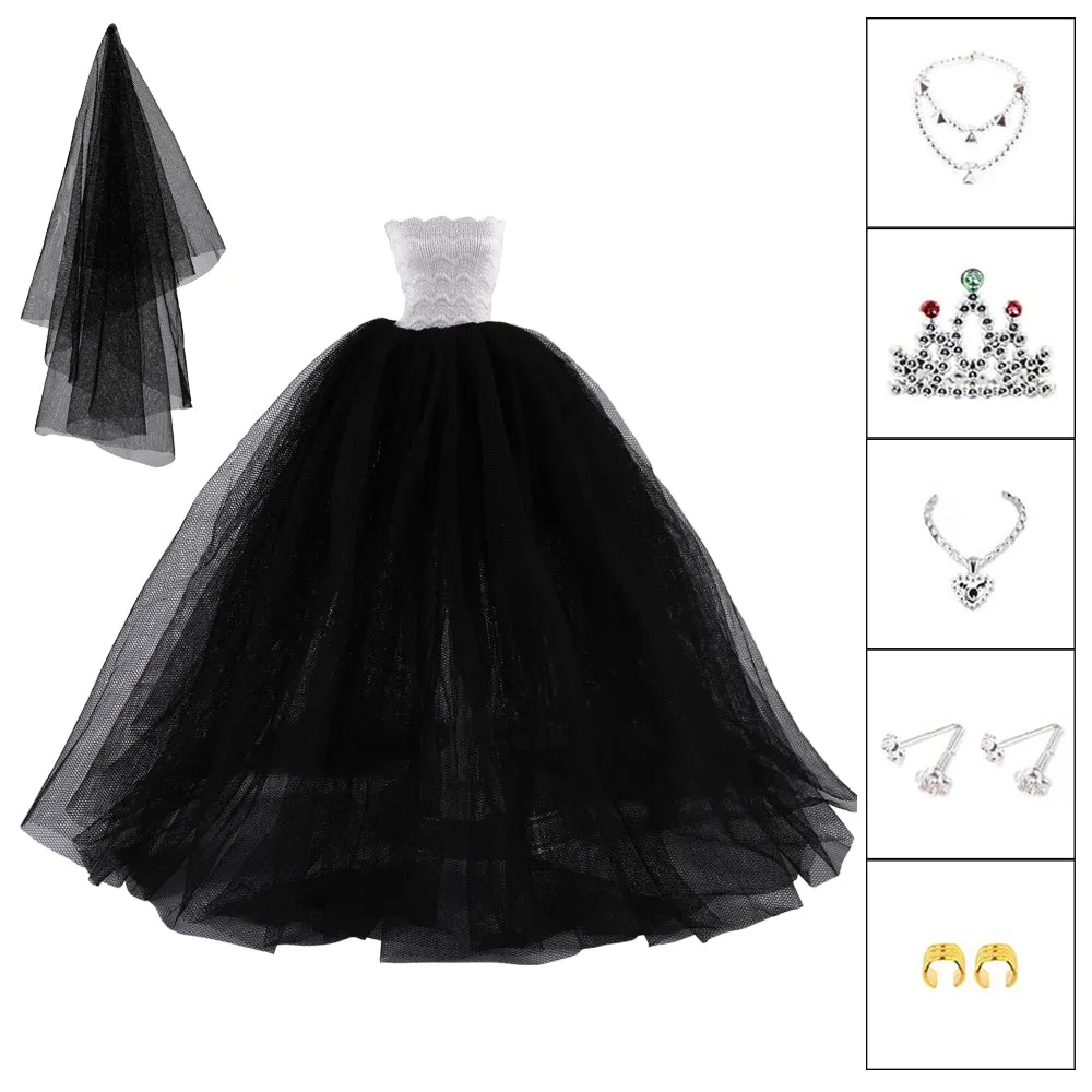 QUEBAN Bride Doll Wedding Dress with Veil Handmade Evening Party Fashion Clothes Wears Gown Exclusive Dress Outfit for 11.5 Inch Girl Dolls,Gift for Kids 3 to 8 Years Old - Black 2