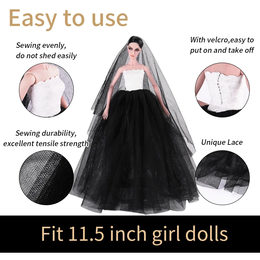 QUEBAN Bride Doll Wedding Dress with Veil Handmade Evening Party Fashion Clothes Wears Gown Exclusive Dress Outfit for 11.5 Inch Girl Dolls,Gift for Kids 3 to 8 Years Old - Black 2