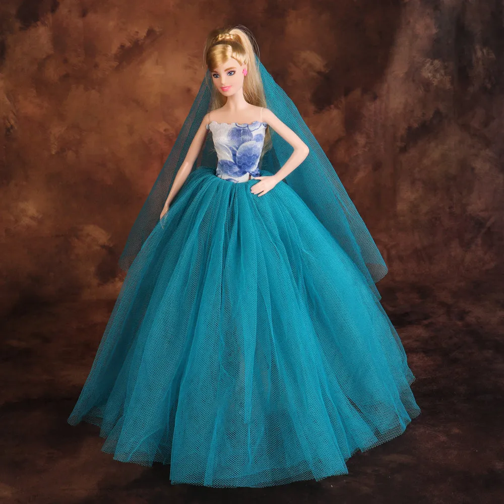 QUEBAN Bride Doll Wedding Dress with Veil Handmade Evening Party Fashion Clothes Wears Gown Exclusive Dress Outfit for 11.5 Inch Girl Dolls,Gift for Kids 3 to 8 Years Old - Light Blue