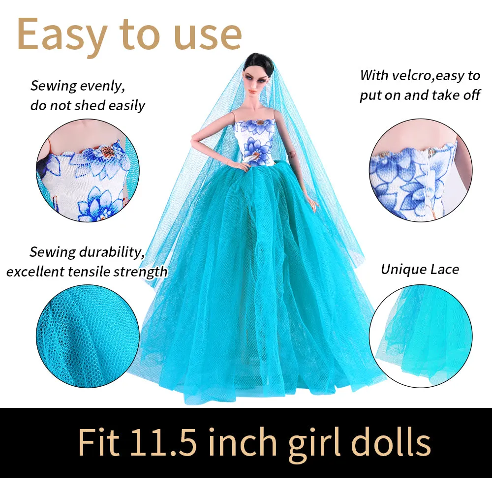 QUEBAN Bride Doll Wedding Dress with Veil Handmade Evening Party Fashion Clothes Wears Gown Exclusive Dress Outfit for 11.5 Inch Girl Dolls,Gift for Kids 3 to 8 Years Old - Light Blue