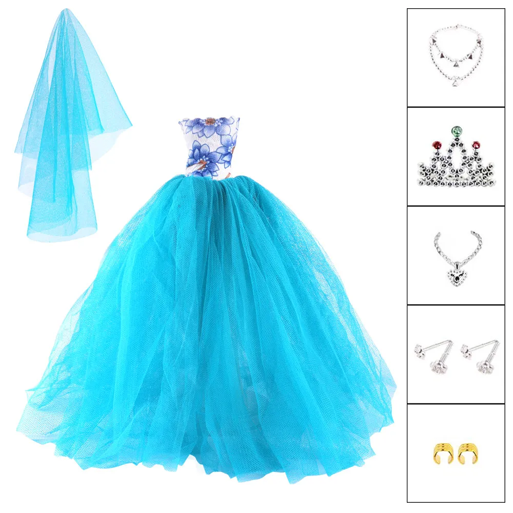 QUEBAN Bride Doll Wedding Dress with Veil Handmade Evening Party Fashion Clothes Wears Gown Exclusive Dress Outfit for 11.5 Inch Girl Dolls,Gift for Kids 3 to 8 Years Old - Light Blue