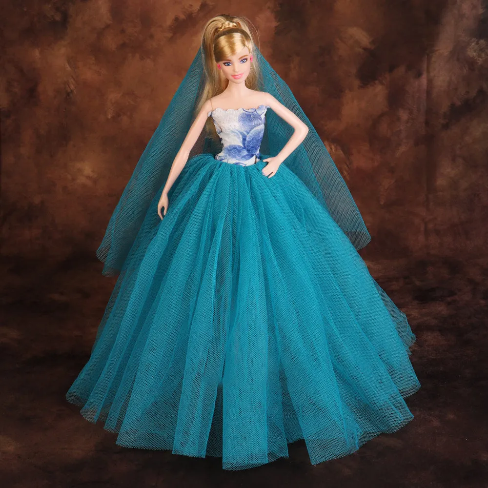QUEBAN Bride Doll Wedding Dress with Veil Handmade Evening Party Fashion Clothes Wears Gown Exclusive Dress Outfit for 11.5 Inch Girl Dolls,Gift for Kids 3 to 8 Years Old - Light Blue
