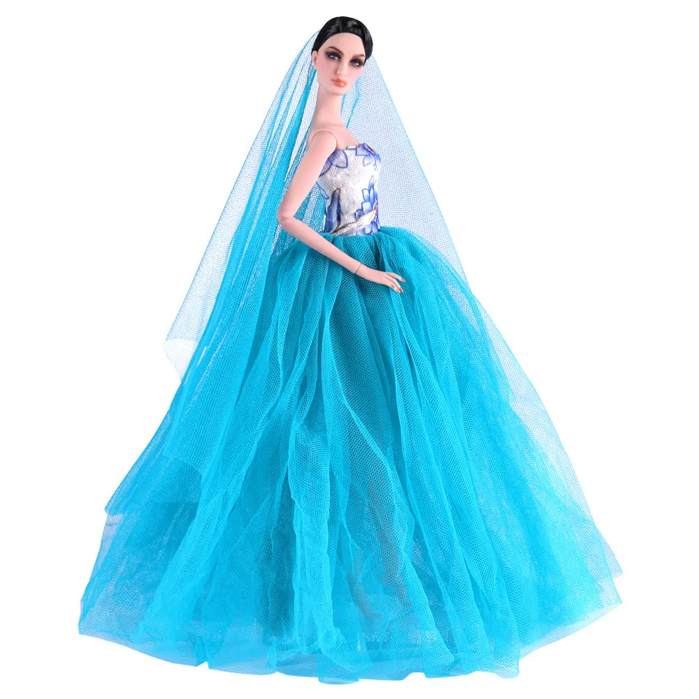 QUEBAN Bride Doll Wedding Dress with Veil Handmade Evening Party Fashion Clothes Wears Gown Exclusive Dress Outfit for 11.5 Inch Girl Dolls,Gift for Kids 3 to 8 Years Old - Light Blue