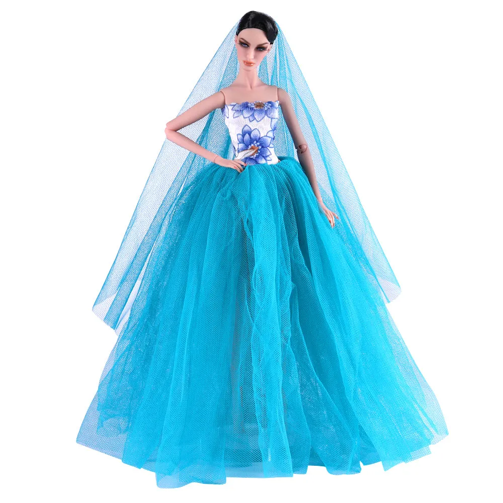 QUEBAN Bride Doll Wedding Dress with Veil Handmade Evening Party Fashion Clothes Wears Gown Exclusive Dress Outfit for 11.5 Inch Girl Dolls,Gift for Kids 3 to 8 Years Old - Light Blue
