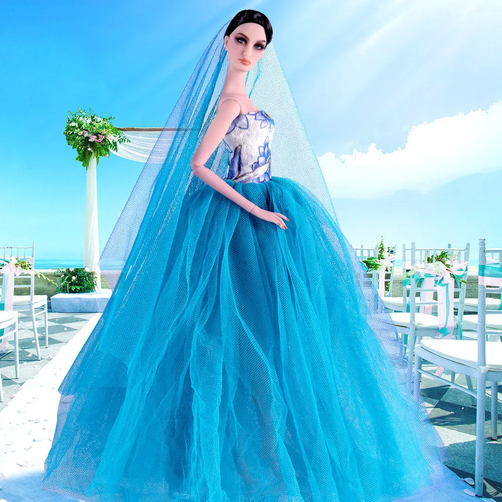 QUEBAN Bride Doll Wedding Dress with Veil Handmade Evening Party Fashion Clothes Wears Gown Exclusive Dress Outfit for 11.5 Inch Girl Dolls,Gift for Kids 3 to 8 Years Old - Light Blue