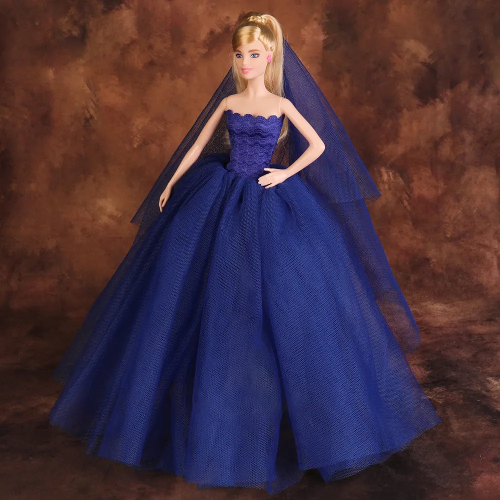 QUEBAN Bride Doll Wedding Dress with Veil Handmade Evening Party Fashion Clothes Wears Gown Exclusive Dress Outfit for 11.5 Inch Girl Dolls,Gift for Kids 3 to 8 Years Old - Navy Blue