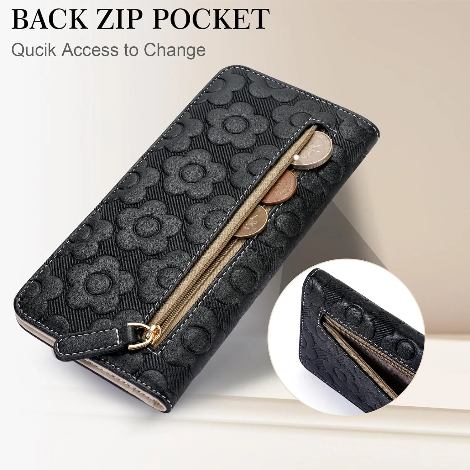 Ultra Slim Thin Wallet Women 3D Embossed Flower Leather Womens Wallet RFID Blocking Credit Card Holder Bifold Clutch Long Ladies Billfold Wallet for Women Black