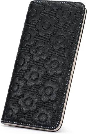 Ultra Slim Thin Wallet Women 3D Embossed Flower Leather Womens Wallet RFID Blocking Credit Card Holder Bifold Clutch Long Ladies Billfold Wallet for Women Black