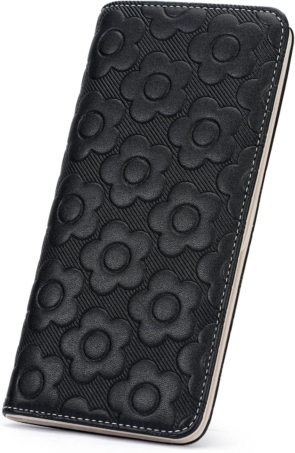 Ultra Slim Thin Wallet Women 3D Embossed Flower Leather Womens Wallet RFID Blocking Credit Card Holder Bifold Clutch Long Ladies Billfold Wallet for Women Black