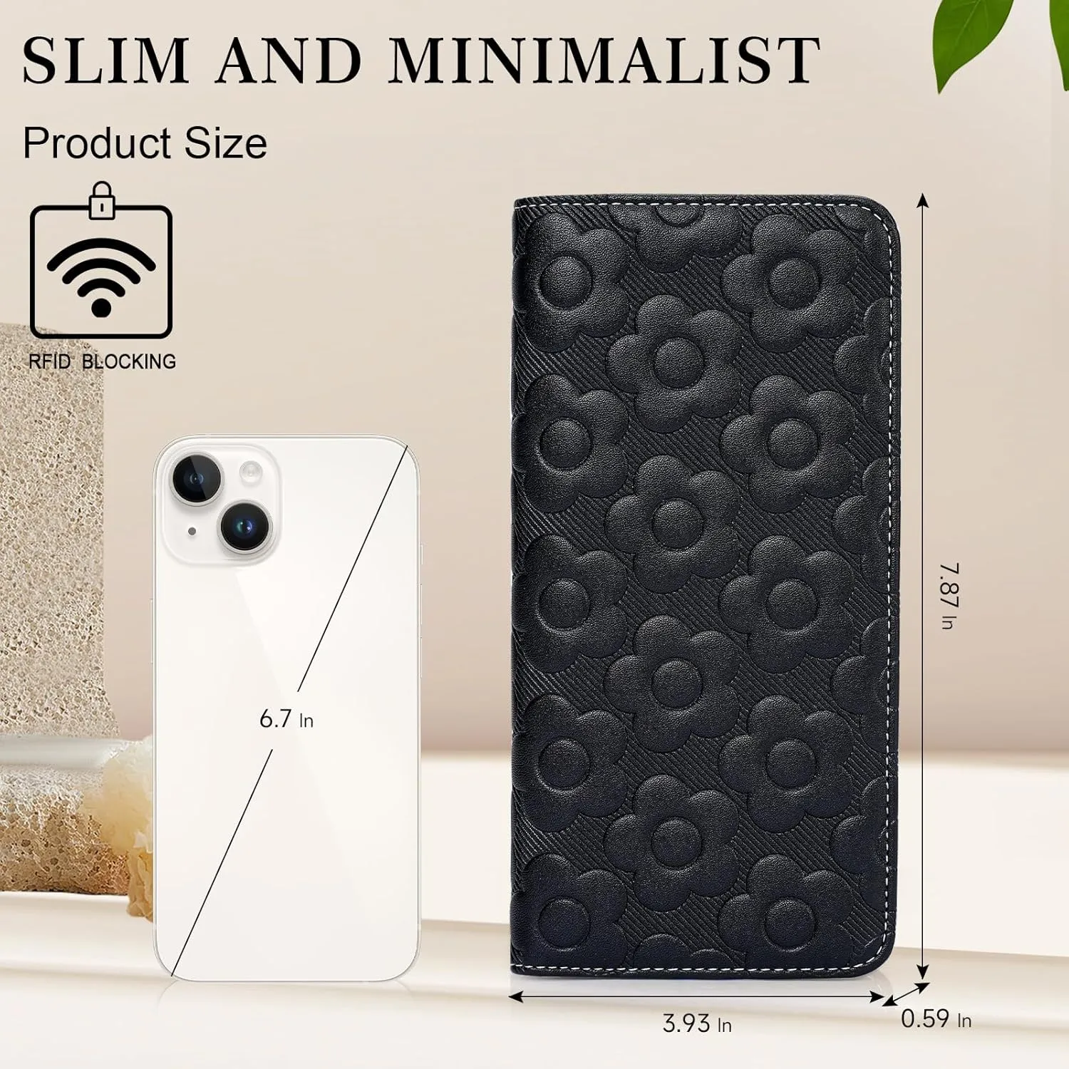 Ultra Slim Thin Wallet Women 3D Embossed Flower Leather Womens Wallet RFID Blocking Credit Card Holder Bifold Clutch Long Ladies Billfold Wallet for Women Black