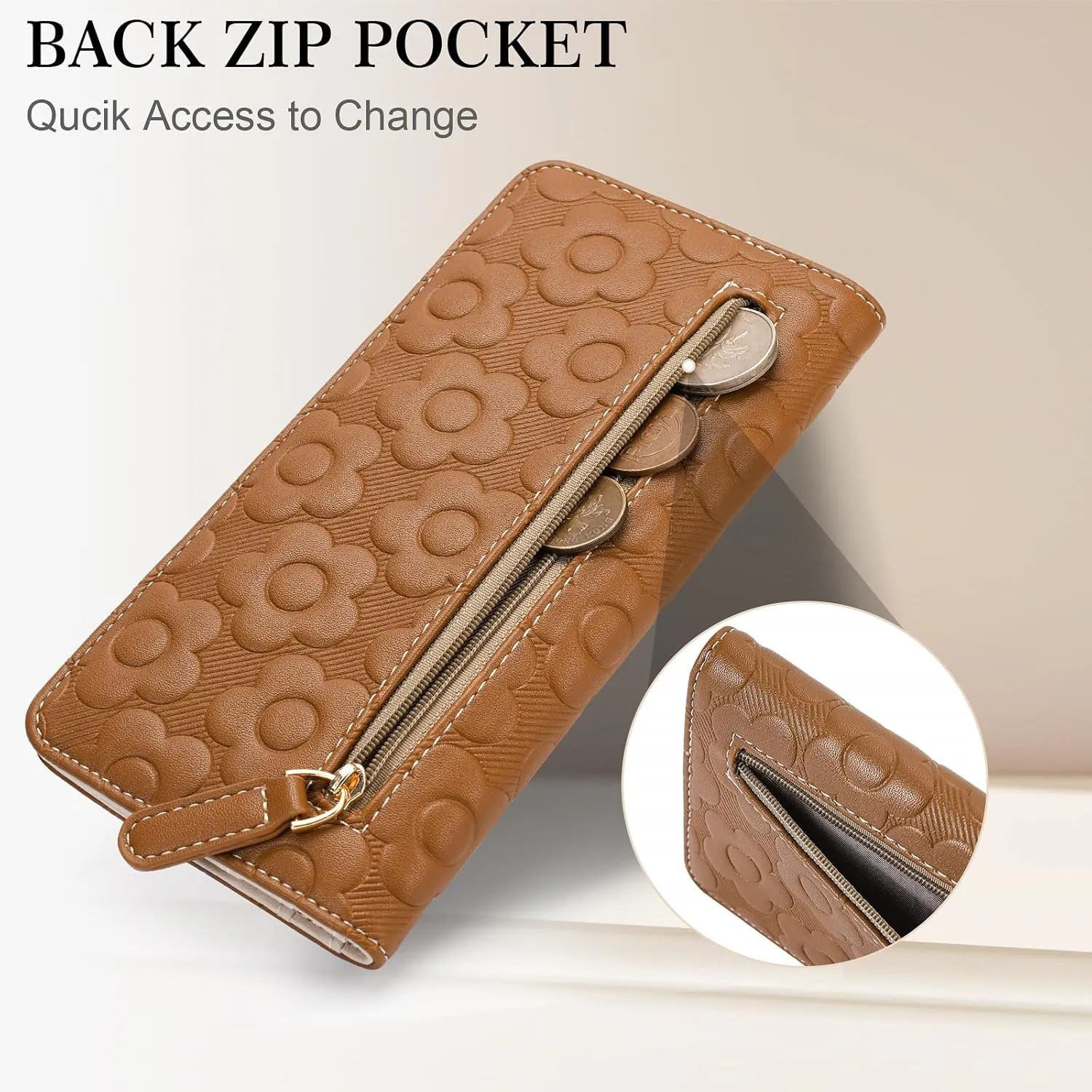 Ultra Slim Thin Wallet Women 3D Embossed Flower Leather Womens Wallet RFID Blocking Credit Card Holder Bifold Clutch Long Ladies Billfold Wallet for Women Brown