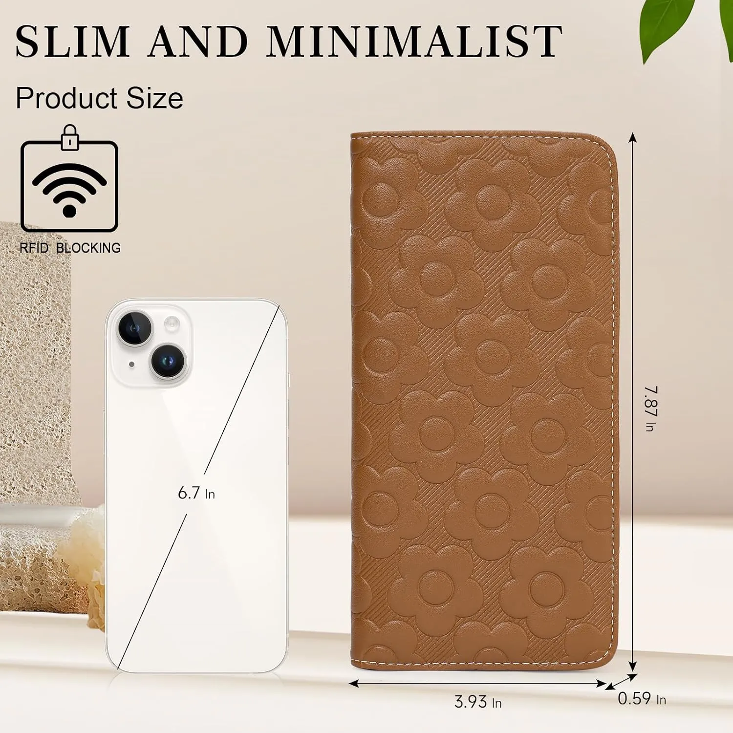 Ultra Slim Thin Wallet Women 3D Embossed Flower Leather Womens Wallet RFID Blocking Credit Card Holder Bifold Clutch Long Ladies Billfold Wallet for Women Brown