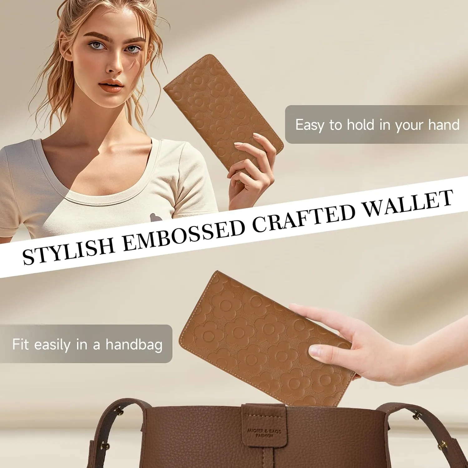Ultra Slim Thin Wallet Women 3D Embossed Flower Leather Womens Wallet RFID Blocking Credit Card Holder Bifold Clutch Long Ladies Billfold Wallet for Women Brown