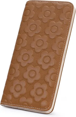 Ultra Slim Thin Wallet Women 3D Embossed Flower Leather Womens Wallet RFID Blocking Credit Card Holder Bifold Clutch Long Ladies Billfold Wallet for Women Brown