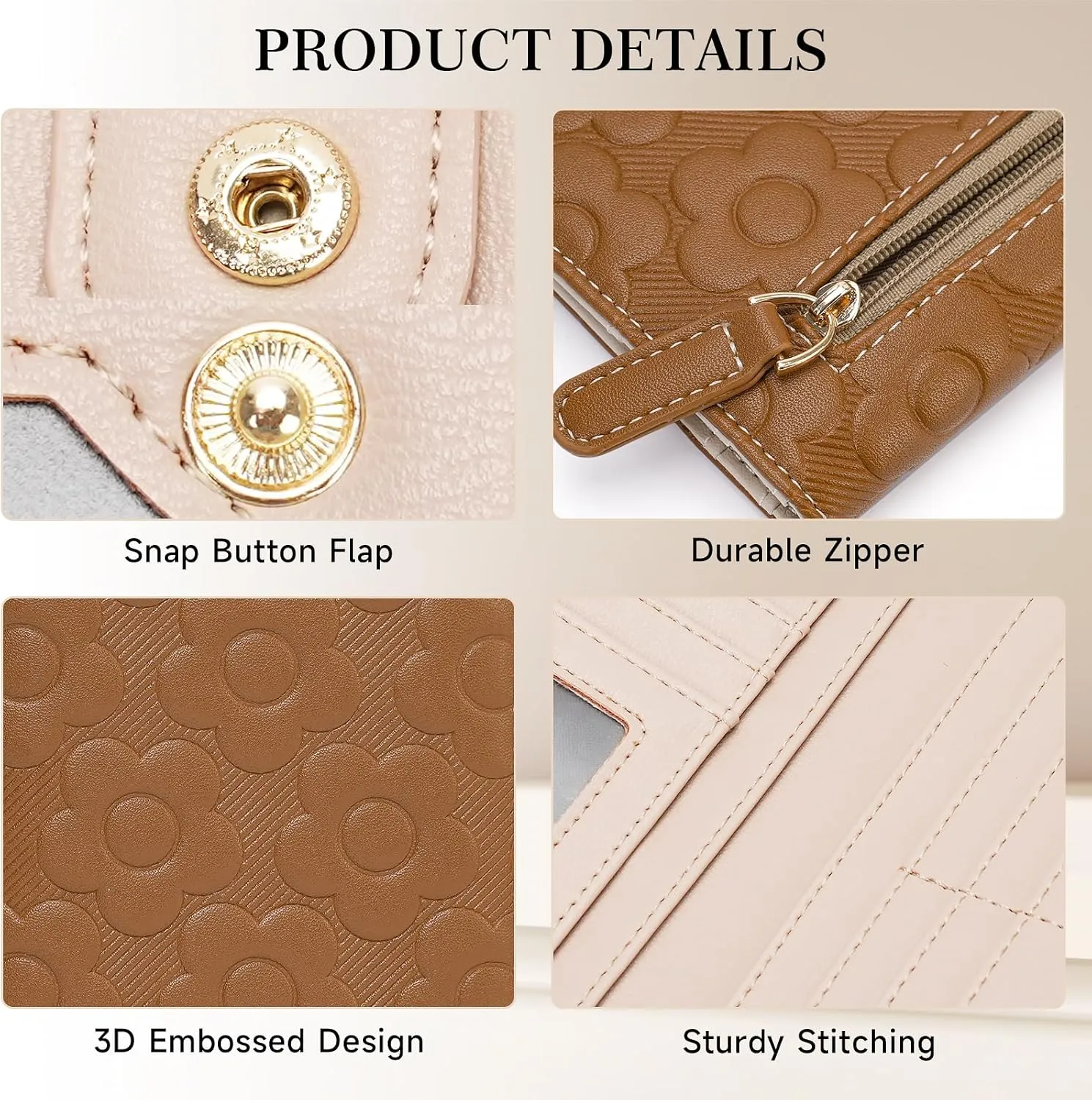 Ultra Slim Thin Wallet Women 3D Embossed Flower Leather Womens Wallet RFID Blocking Credit Card Holder Bifold Clutch Long Ladies Billfold Wallet for Women Brown