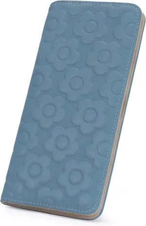 Ultra Slim Thin Wallet Women 3D Embossed Flower Leather Womens Wallet RFID Blocking Credit Card Holder Bifold Clutch Long Ladies Billfold Wallet for Women Peacock Blue
