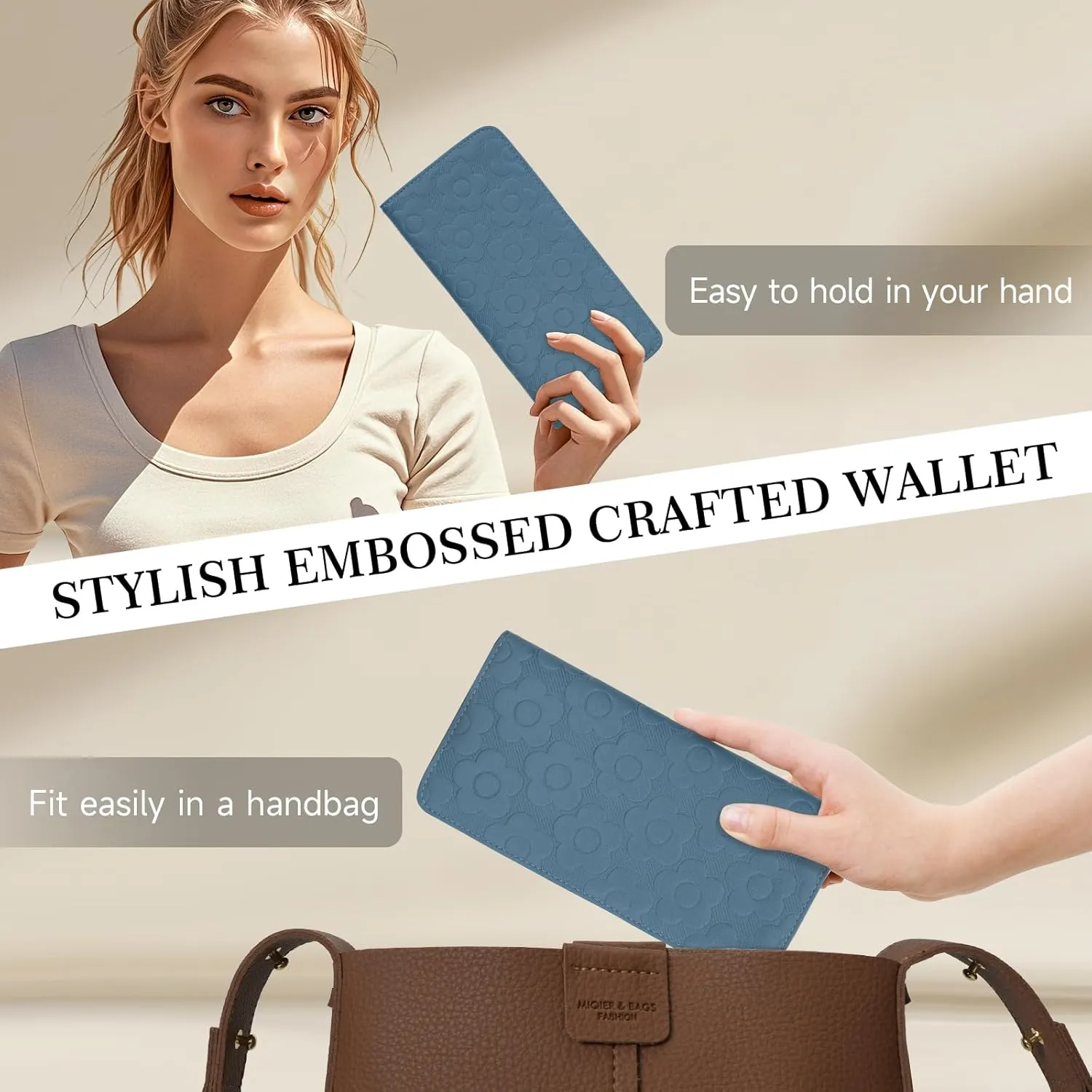 Ultra Slim Thin Wallet Women 3D Embossed Flower Leather Womens Wallet RFID Blocking Credit Card Holder Bifold Clutch Long Ladies Billfold Wallet for Women Peacock Blue