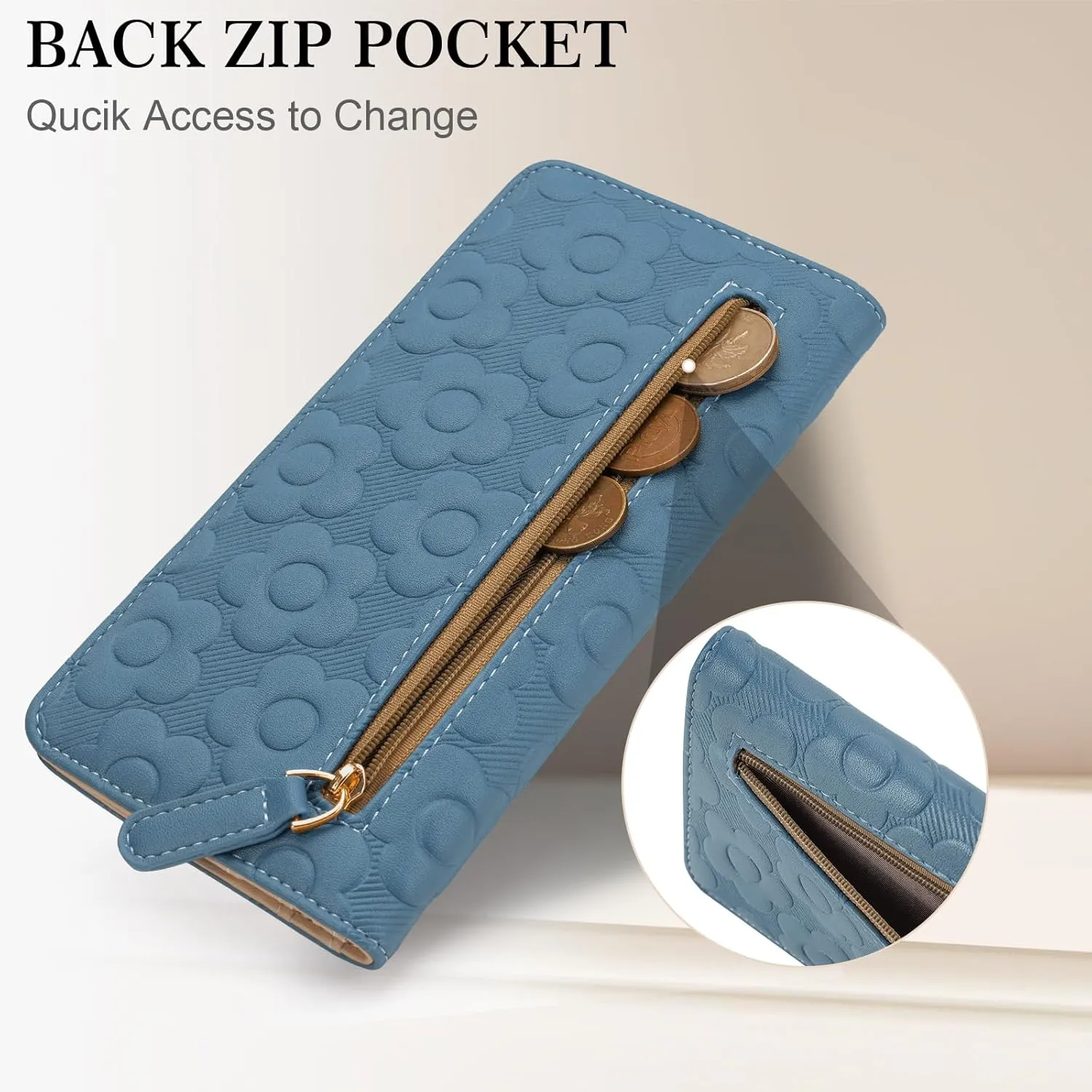 Ultra Slim Thin Wallet Women 3D Embossed Flower Leather Womens Wallet RFID Blocking Credit Card Holder Bifold Clutch Long Ladies Billfold Wallet for Women Peacock Blue