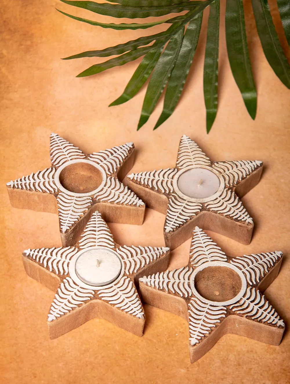Wooden Engraved Tealight Holders (Set of 4) - Medium. Star Shaped